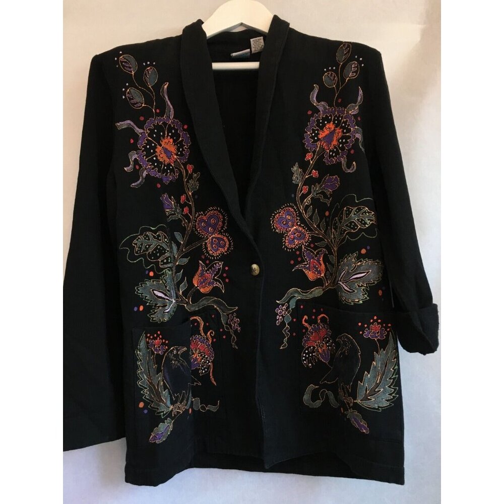Vintage WEK Women Small Black with Bird & Floral Print Blazer Jacket Art to Wear